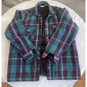 Vtg  Five Brother Men Shirt Jacket Plaid Flannel Lined Pearl Snap USA Made Sz M